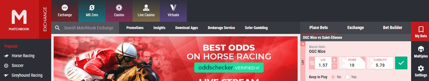 Top banner of the Matchbook site